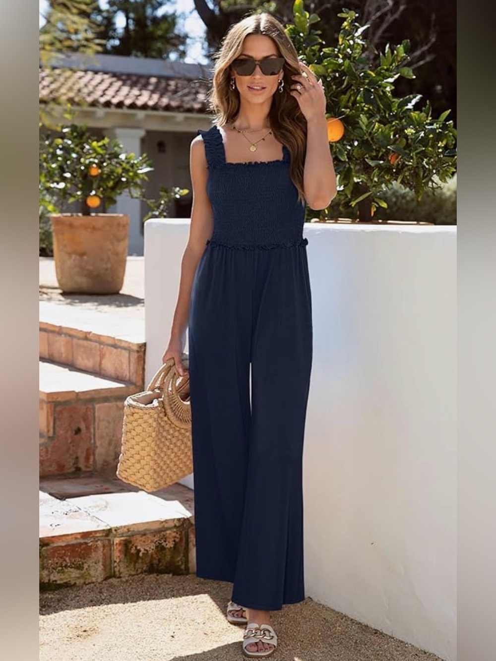 Women’s Navy‎ Smocked Wide-Leg Jumpsuit #161